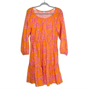 J. Crew Factory Peasant Tiered 3/4 Sleeve Floral Cotton Dress Orange/Pink Sz 14